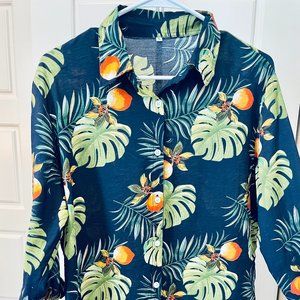 Navy tropical button-down linen-feel long-sleeved blouse. Women's large.